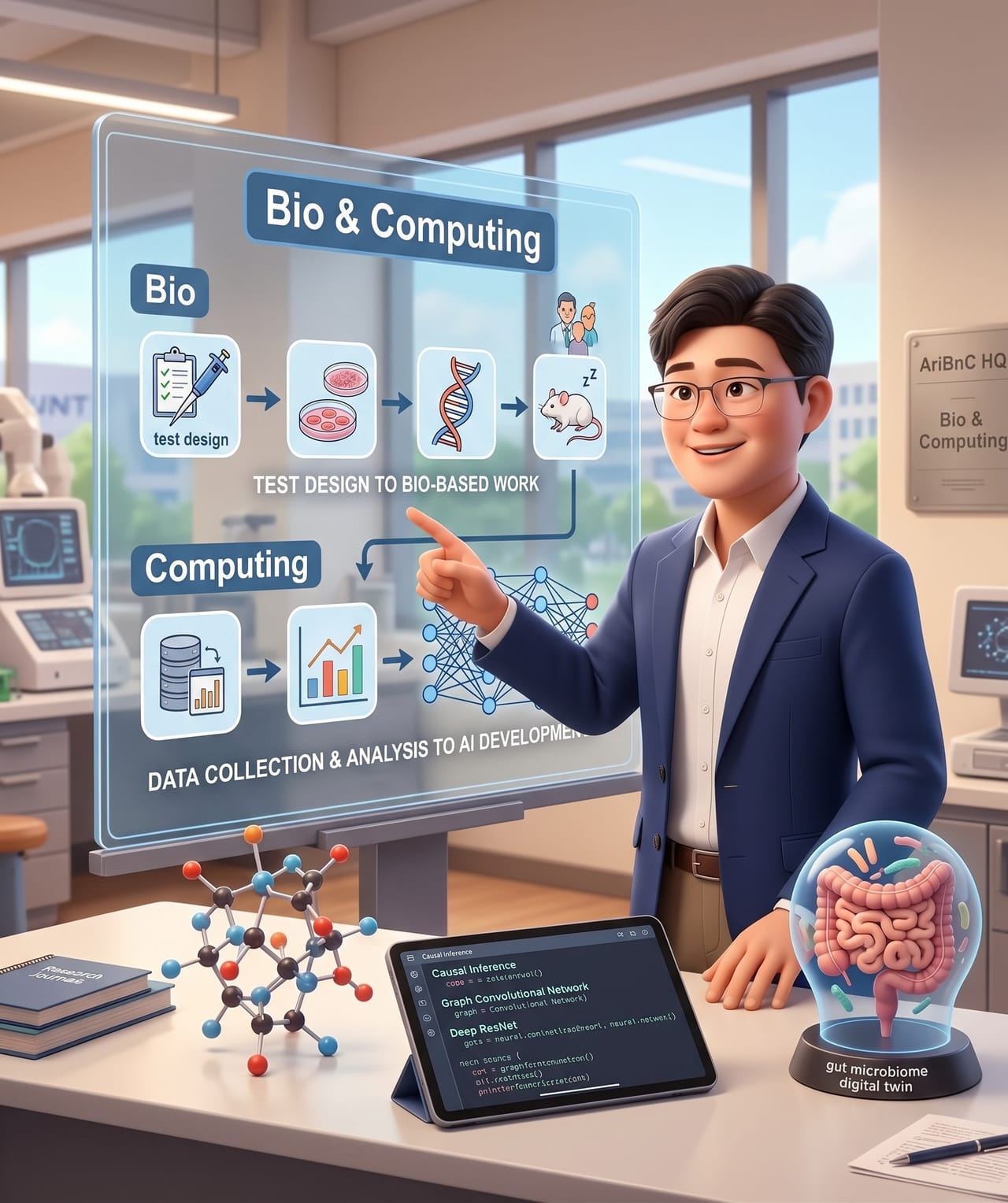 Bio & Computing을 설명하는 일러스트, 시험 설계에서 시작하는 Bio와, 데이터 수집·분석에서 AI 개발로 이어지는 Computing